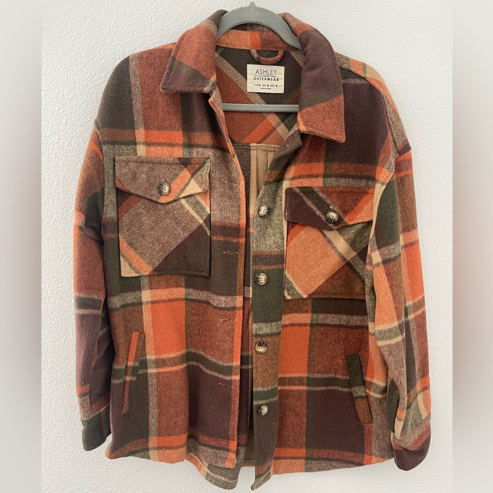 Ashley By 26 International Orange Brown Plaid Utility Jacket - Picture 2 of 7